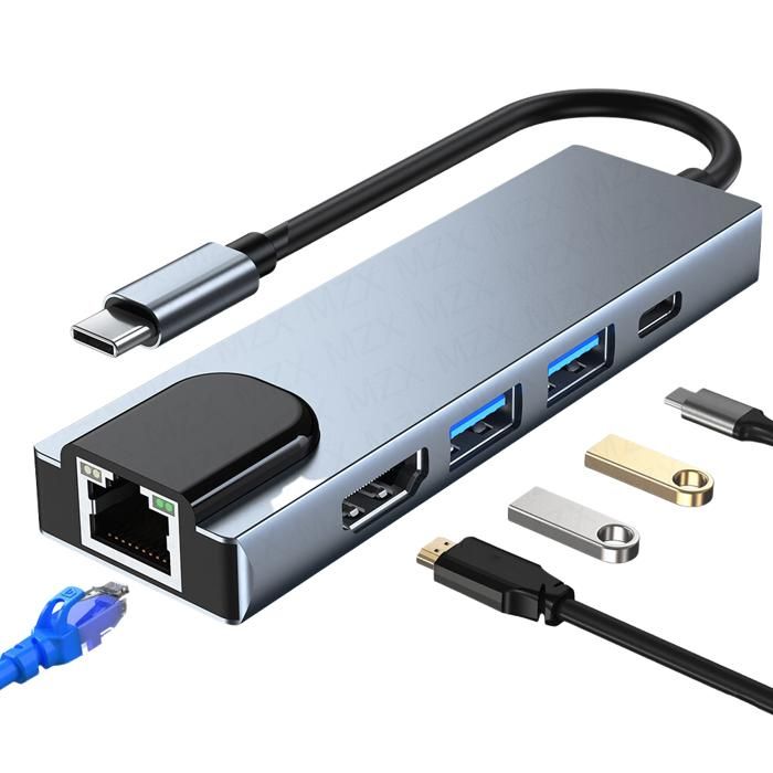 adaptador hub 5 en 1 tipo c hdmi puerto land usb mac y pc