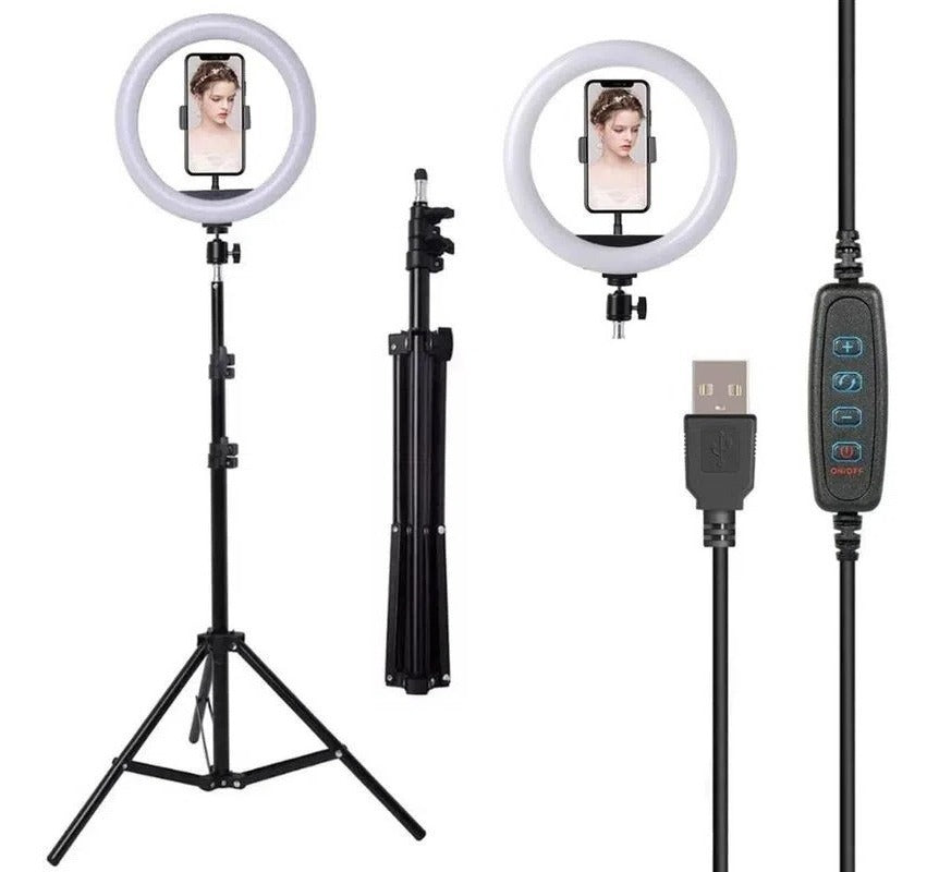 Aro de Luz LED 26cm con Trípode Profesional de 2.3m – Soporte para Celular y Control de Luz