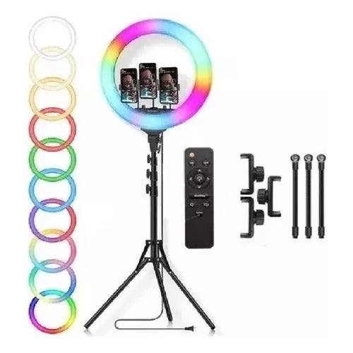 Aro de Luz LED 45cm con Trípode Profesional 2m | Iluminación para Fotografía, Video y Maquillaje – 3 Soportes Celular