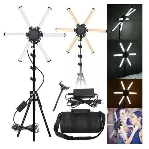 Aro de Luz LED Estrella 65cm con 6 Tubos | Luz Bicolor 3200K–5600K, Trípode 2.1m, USB, Fotografía y Video Profesional