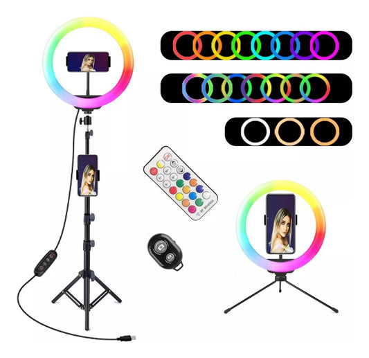 Aro de Luz LED 26cm con Trípode de 2.3m y Control Remoto | Luz Regulable, Soporte para Celular, Ideal para Fotos, Video y Streaming