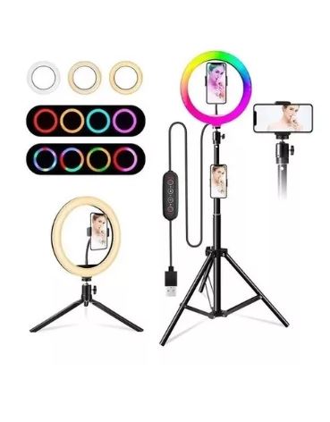 Aro de Luz LED RGB 26cm con Trípode 2m y Soporte Celular | Luz Cálida, Fría y Neutra para Fotografía, Video y Streaming