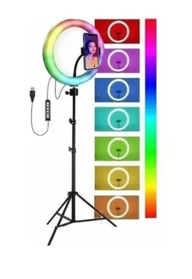 Aro de Luz LED RGB 26cm con Trípode 2m y Soporte Celular | Luz Cálida, Fría y Neutra para Fotografía, Video y Streaming