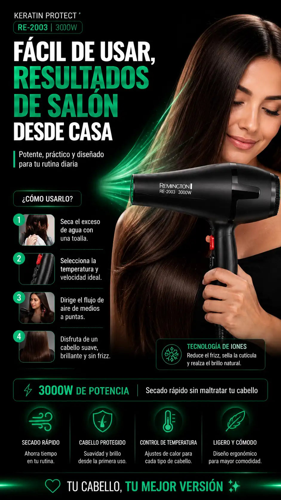 Secador Cabello Keratin Protect Re 2003 3000W Iones Pelo Brillante