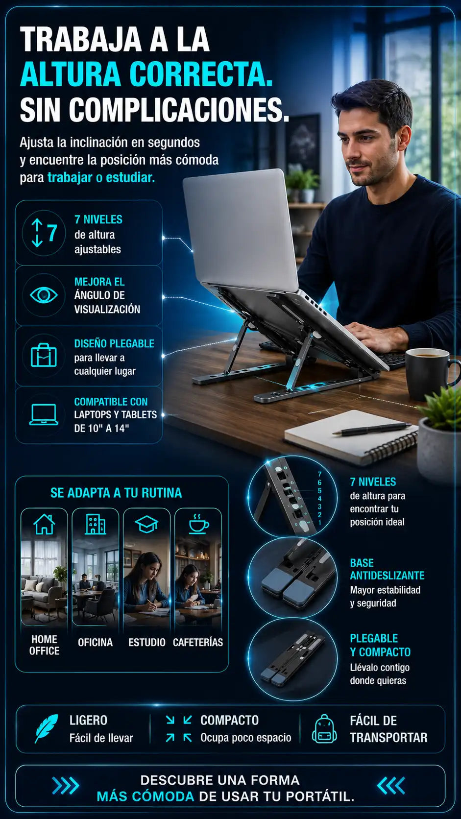 Soporte para portatil en aluminio plegable ergonomica