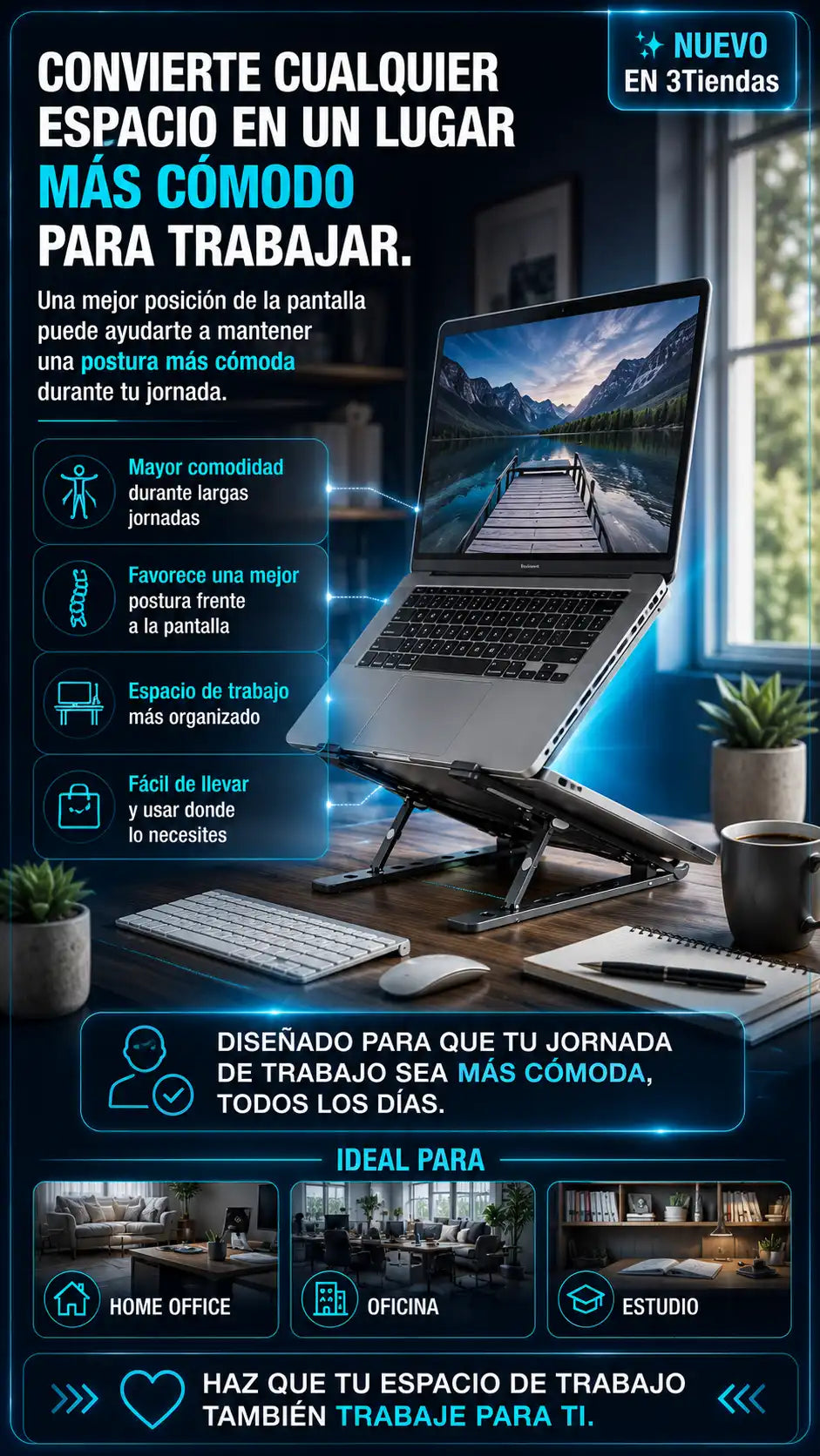 Soporte para portatil en aluminio plegable ergonomica