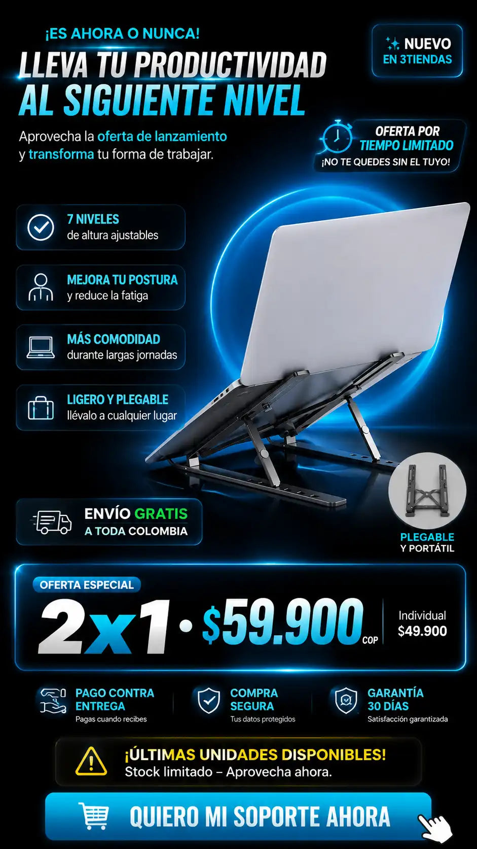 Soporte para portatil en aluminio plegable ergonomica