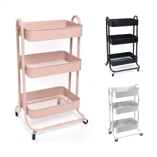 carrito organizador multiusos con 3 estantes de acero con rueda rosa