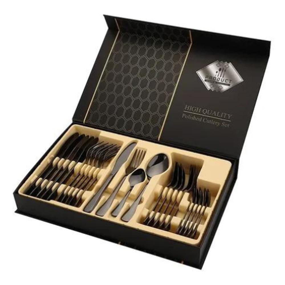 juego de cubiertos negro 24 piezas acero inoxidable