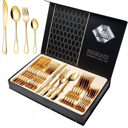 juego de cubiertos set de 24 piezas acero inoxidable dorado