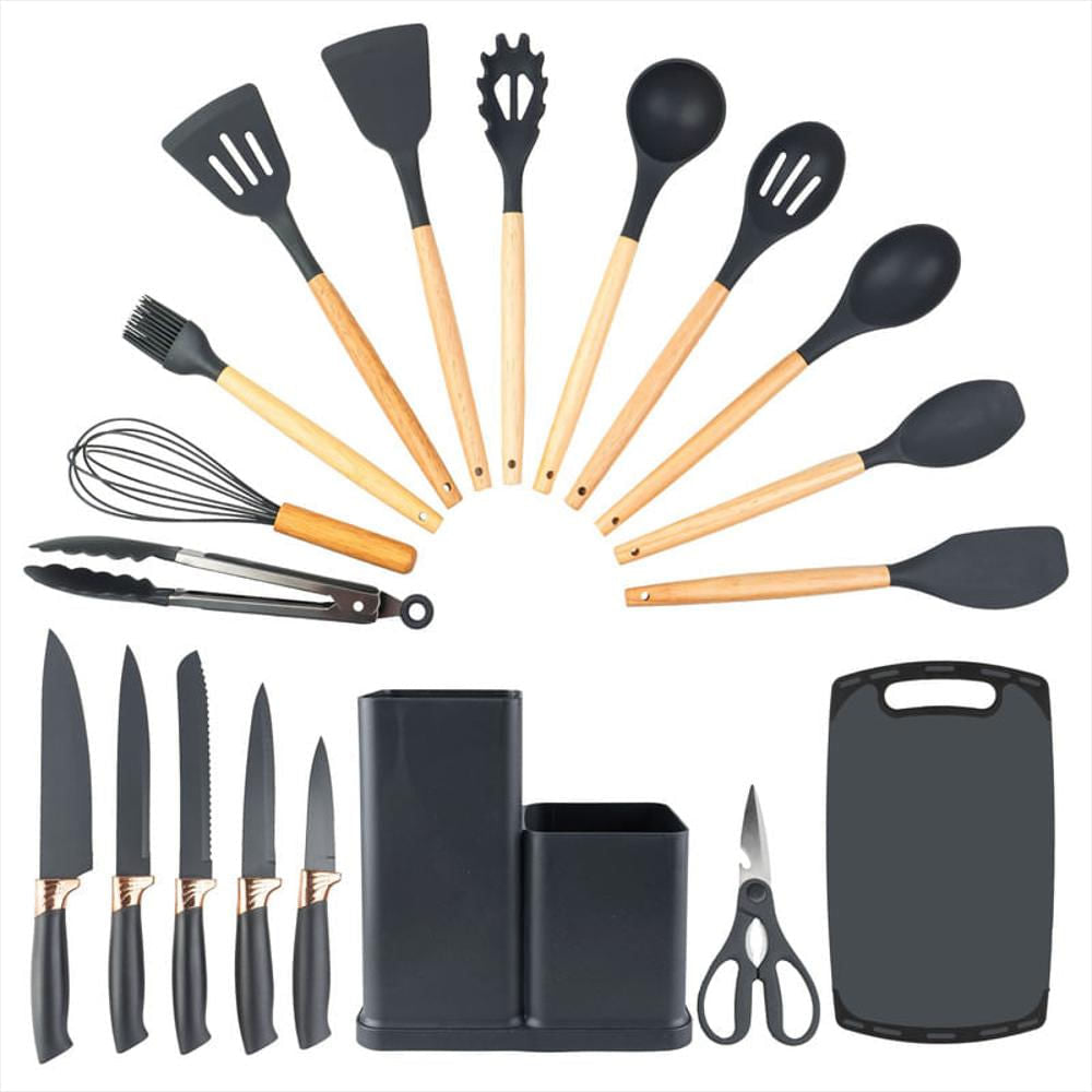 juego de cucharones cocina cuchillos tabla tijera 21 pzas gris
