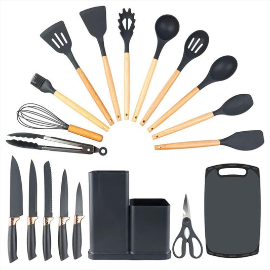 juego de cucharones cocina cuchillos tabla tijera 21 pzas gris