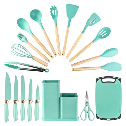 juego de cucharones cocina cuchillos tabla tijera 21 pzas verde