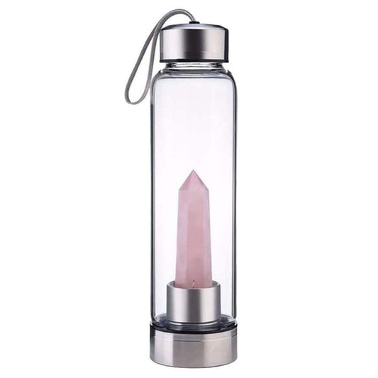 termo botella de agua con cristales de cuarzo rosa
