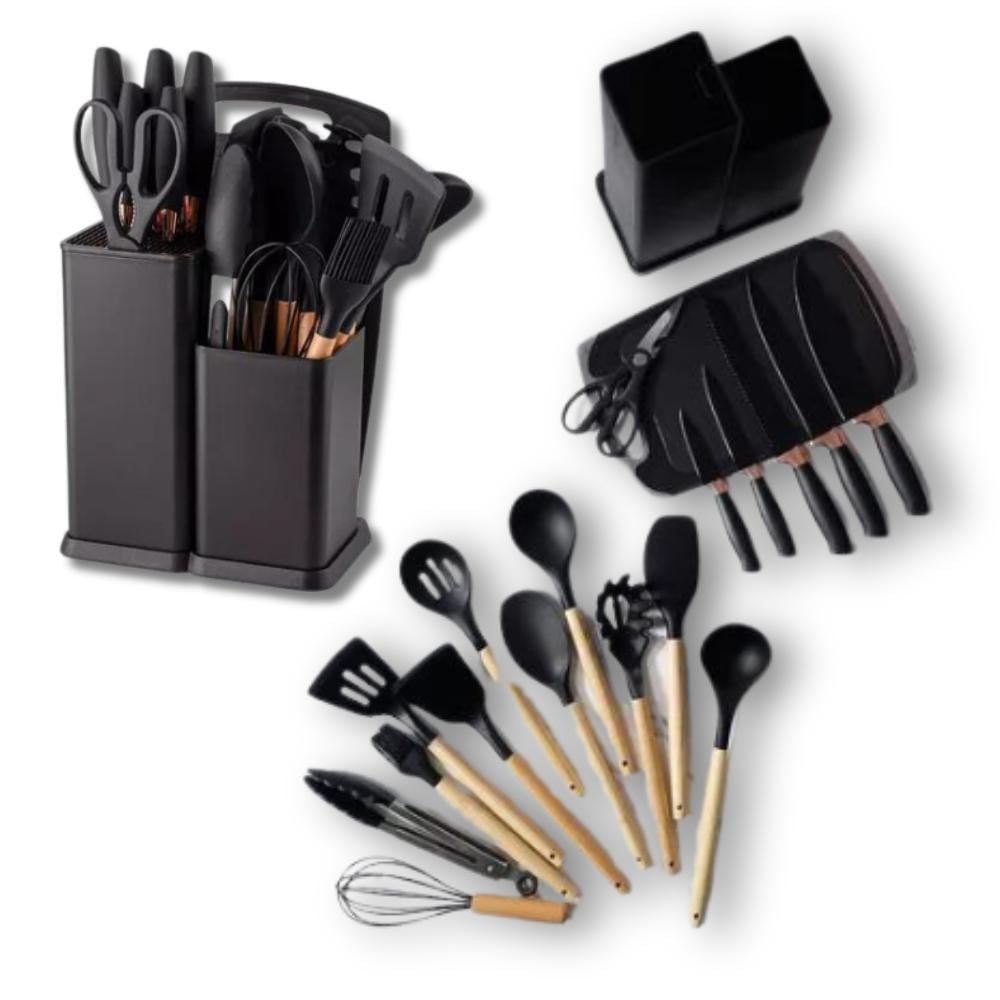 utensilios de cocina de silicona cuchillos tabla de picar 19 piezas negro